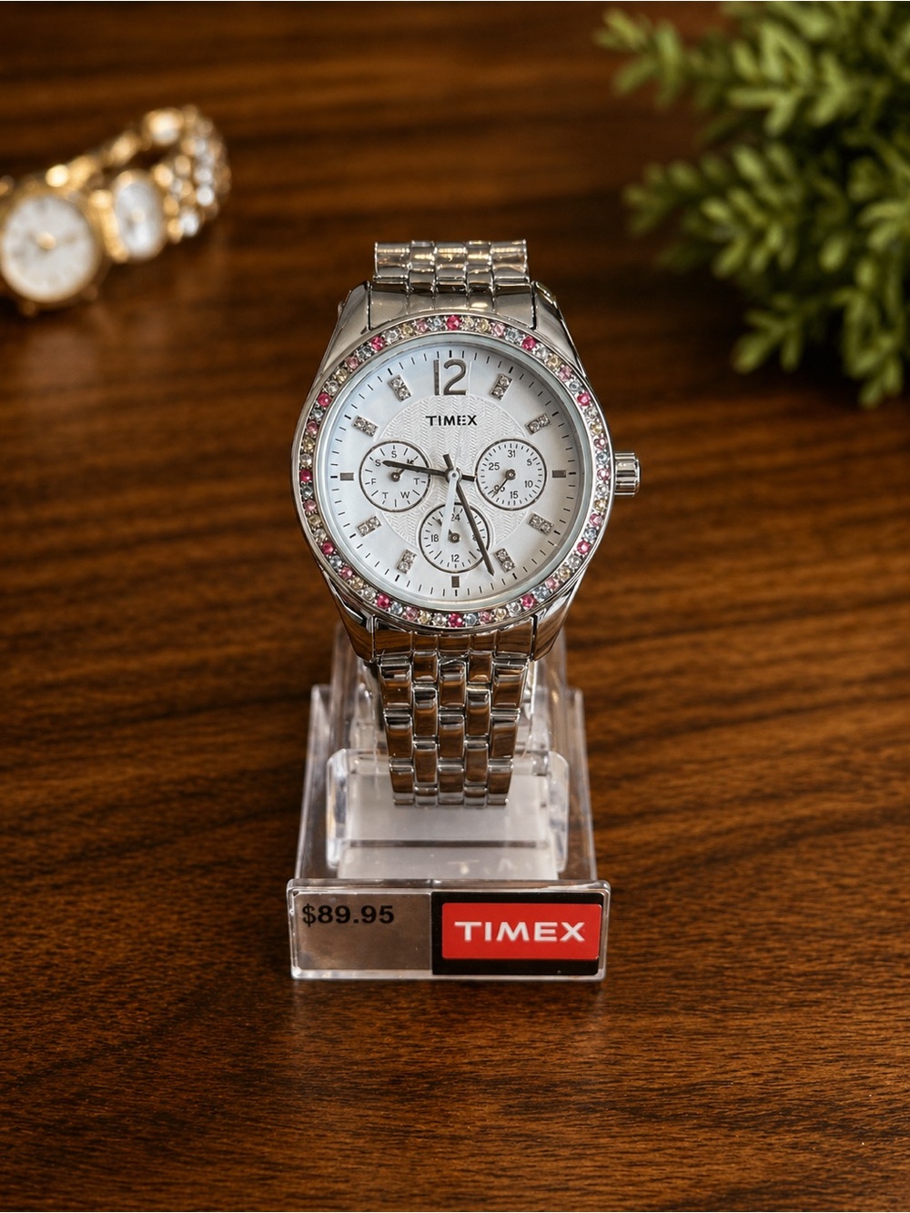 Timex Silver Watch with Pink Crystal Bezel